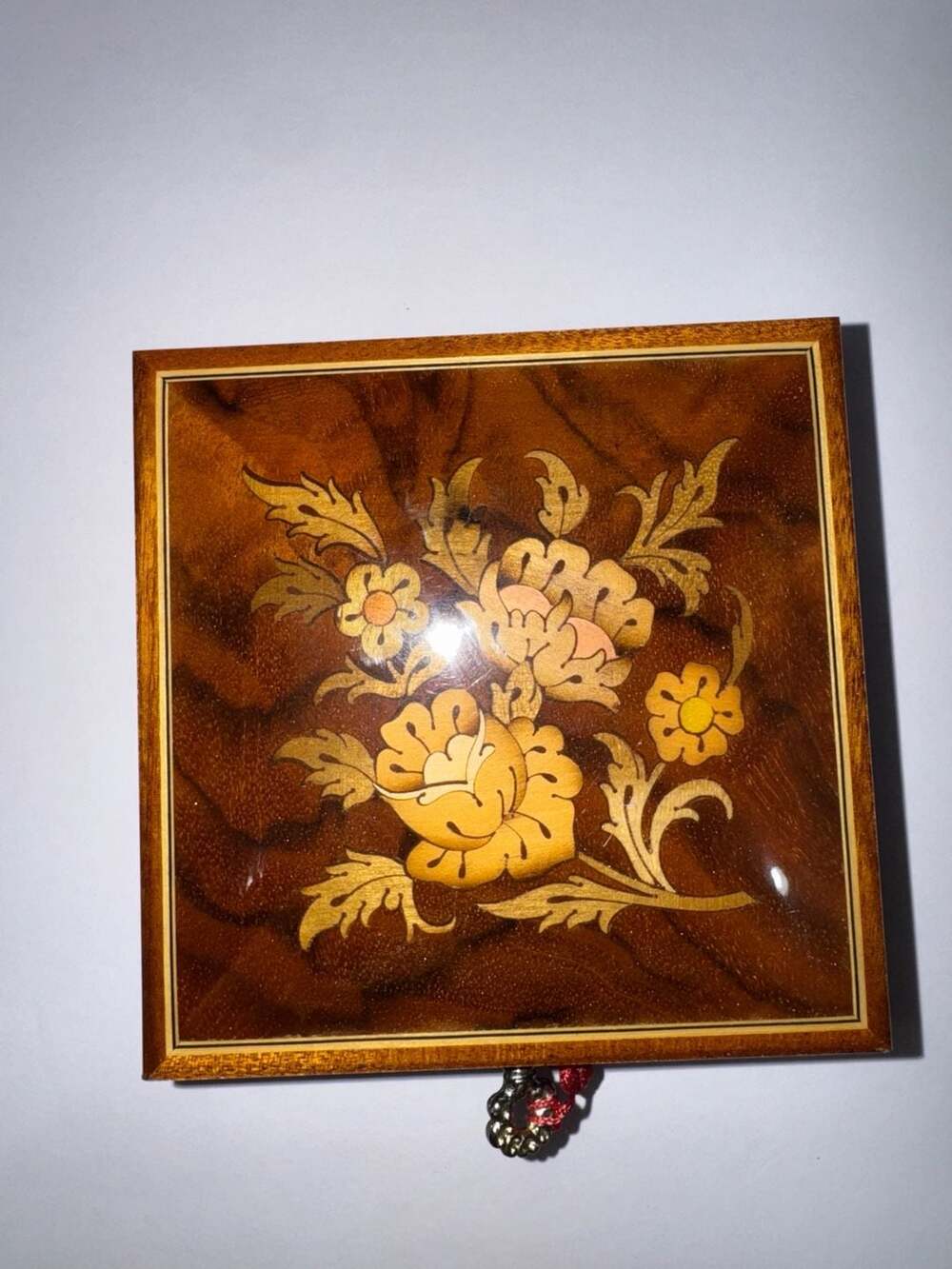 Vintage Reuge Italian Floral Marquetry Inlaid Wood Music Jewelry Box
